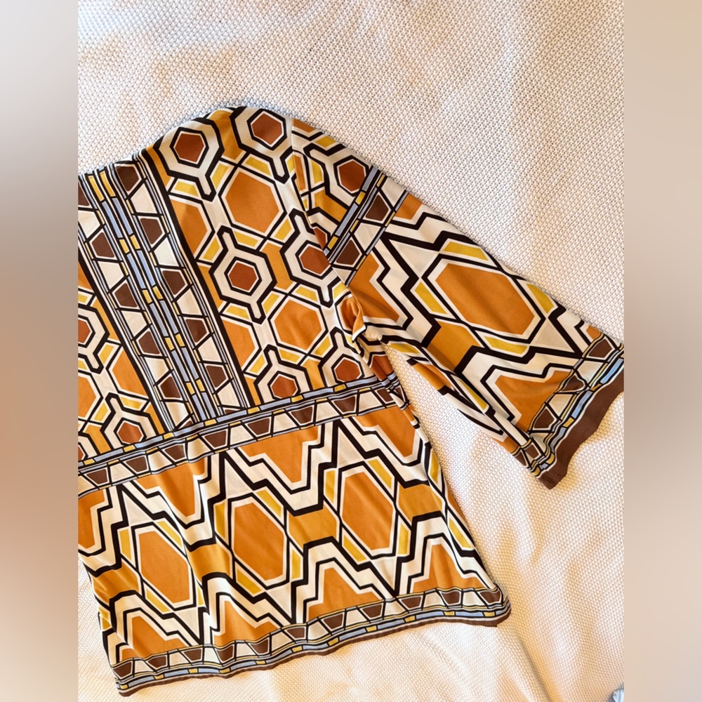 CHICO’S Yellow Gold White & Brown Geometric Blouse Tunic Top - Picture 12 of 16